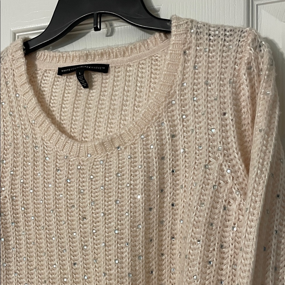 White House Black Market Pale Pink Sweater with Silver Rhinestone Accents